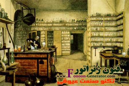 مایکل فارادی در آزمایشگاه، اثری از هریت جین مور (Harriet Jane Moore) که با آبرنگ کشیده شده است